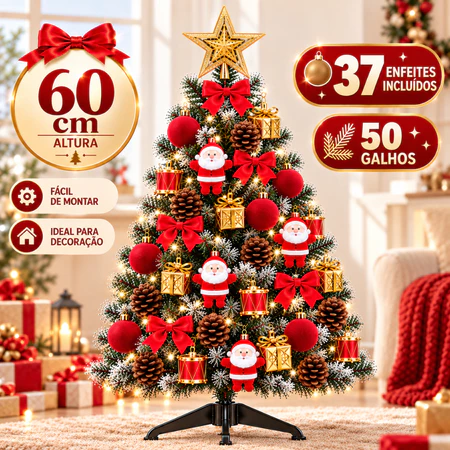 Kit Árvore de Natal 60cm +37 Enfeites Natalinos Dourados Vermelhos Bolas Laços Pendentes Ponteira Estrela